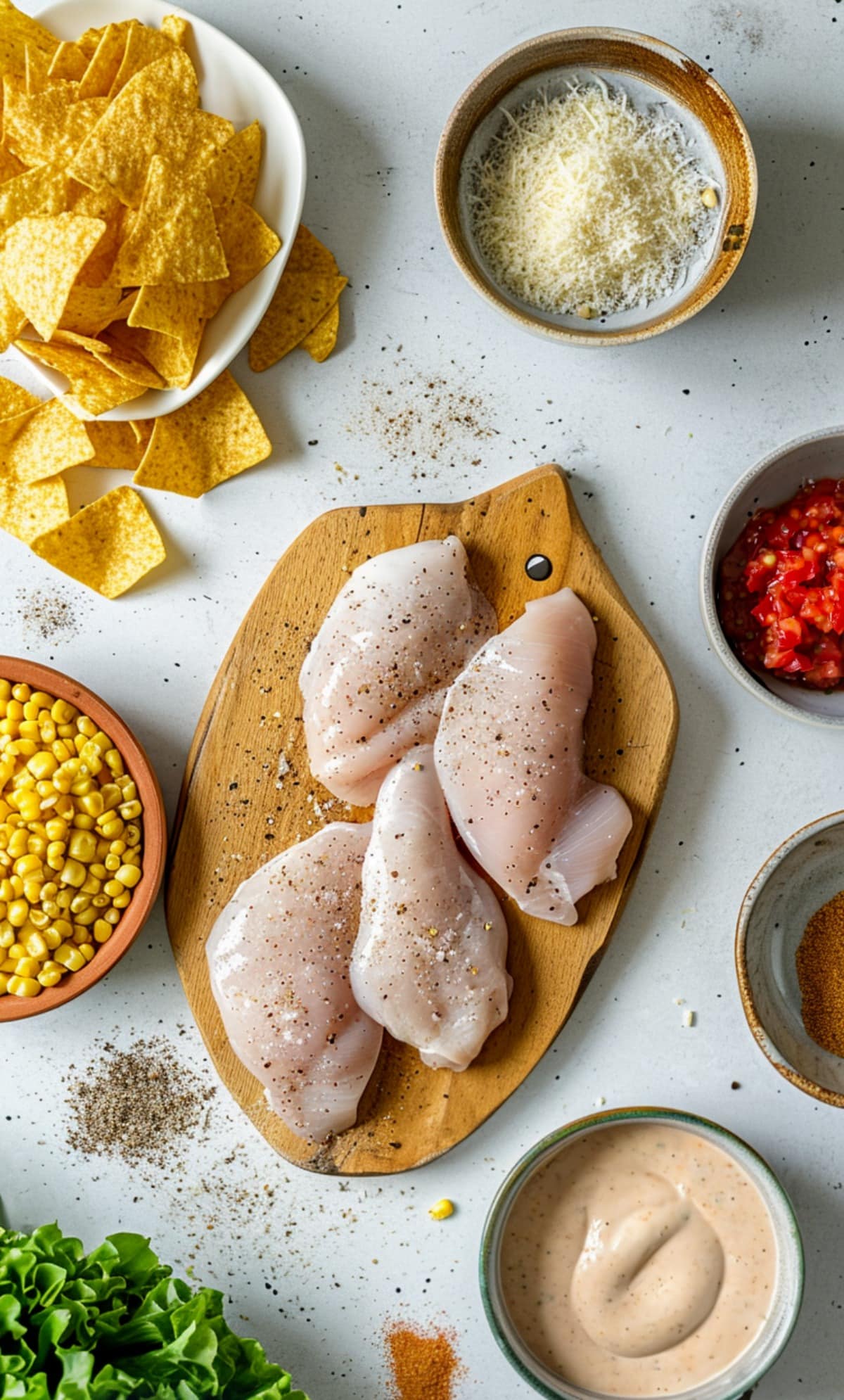 Fiesta Lime Chicken Ingredients: chicken, cheese, salsa, corn, corn chips, and dressing