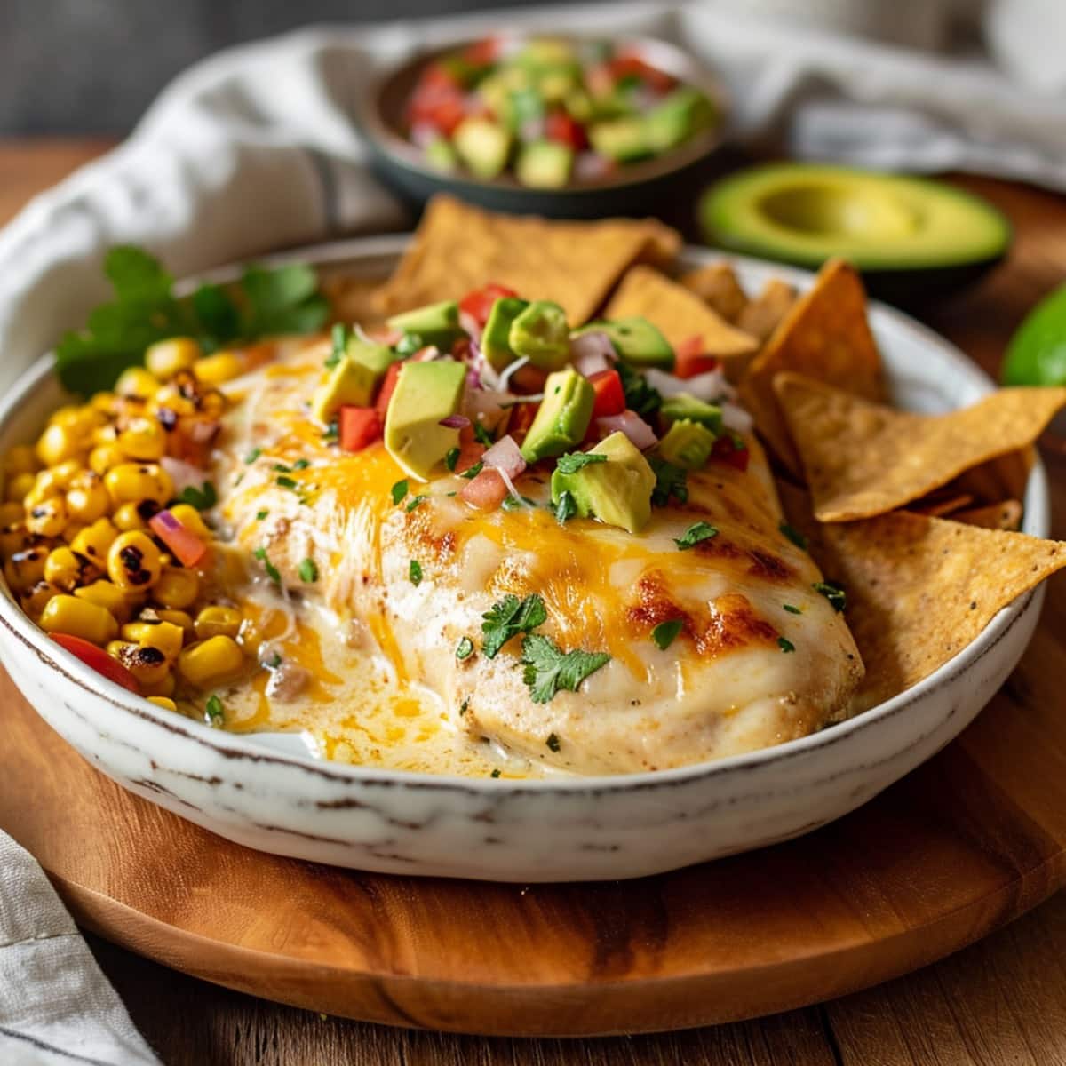 Fiesta Lime Chicken with corn, avocado, and corn chips