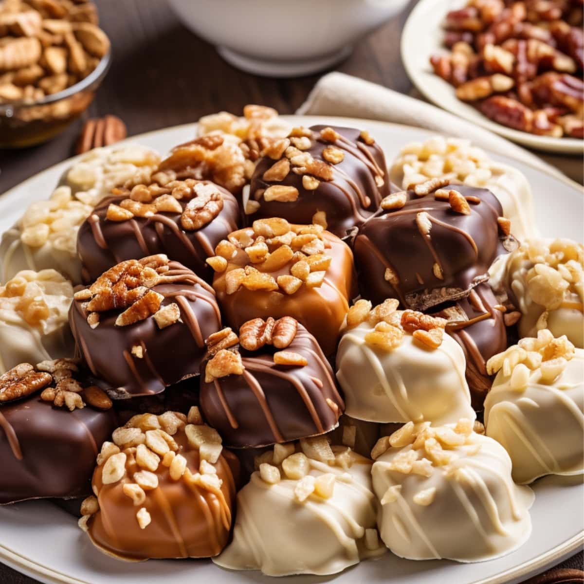 A variety of chocolate pralines in a white plate on a wooden board