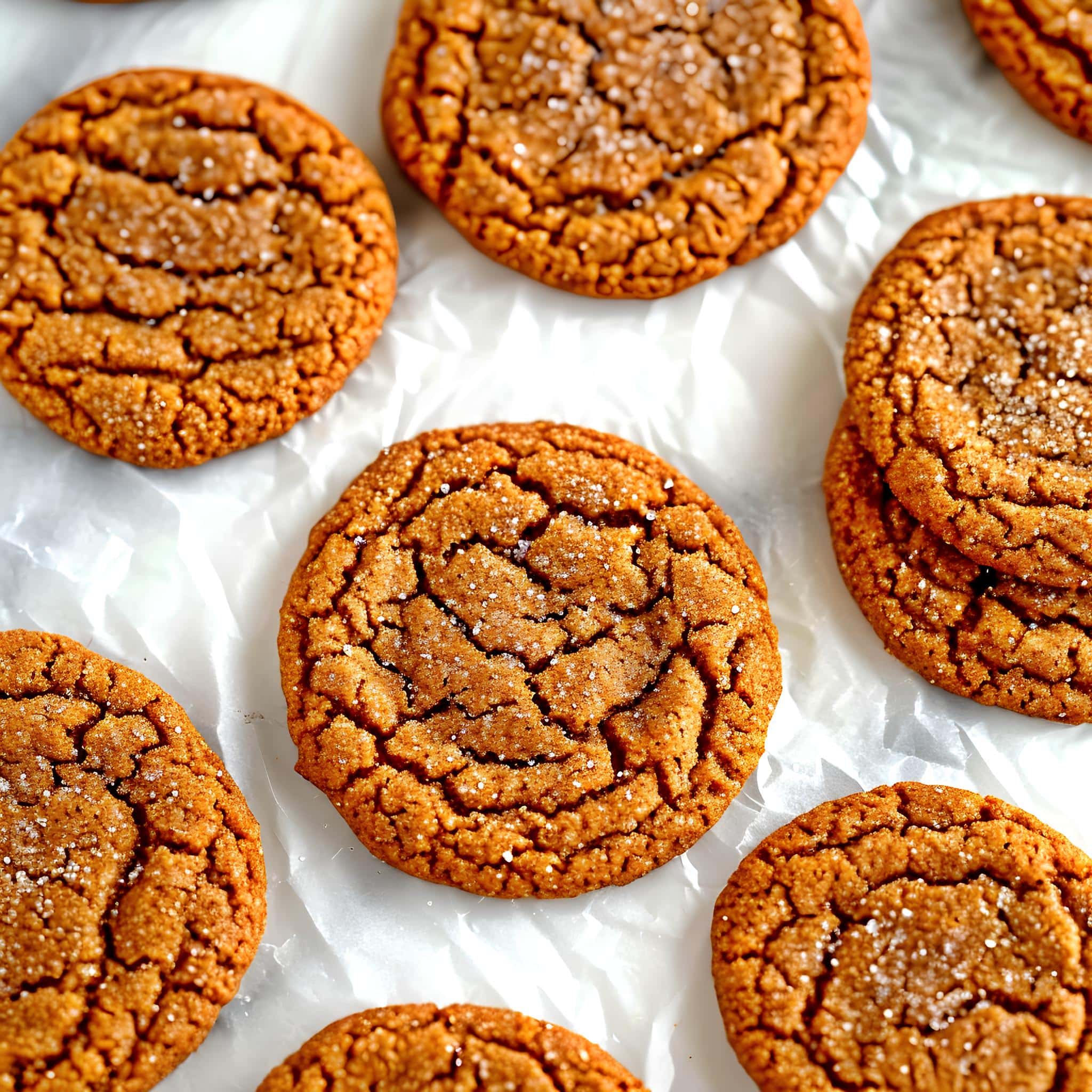 A close-up of a ginger cookies, showcasing its texture and the sprinkled sugar on top.