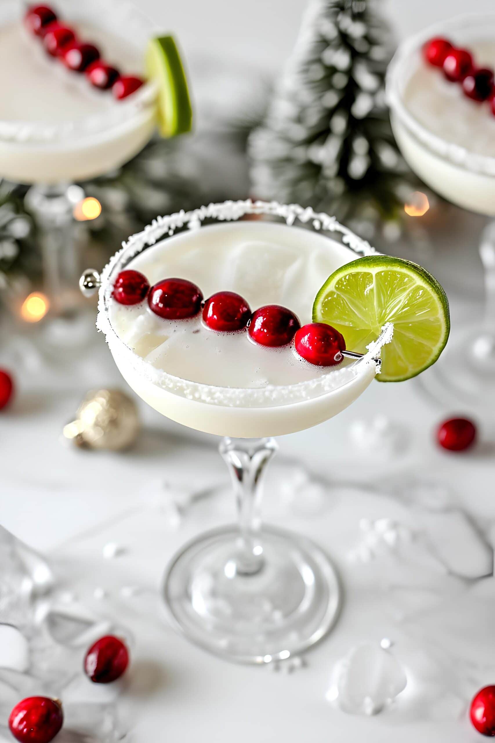 Boozy white Christmas margarita with cranberries, salt and lime wedg on a white marble table