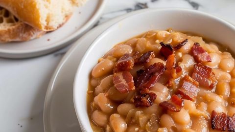 Bowl of Grandma Brown's Baked Beans in a Bowl with Crusty Bread on a Plate to the Side