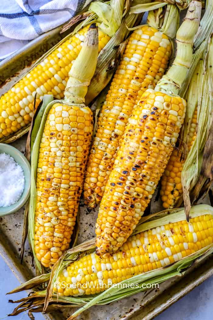 Grilled corn on the cob with husk. 