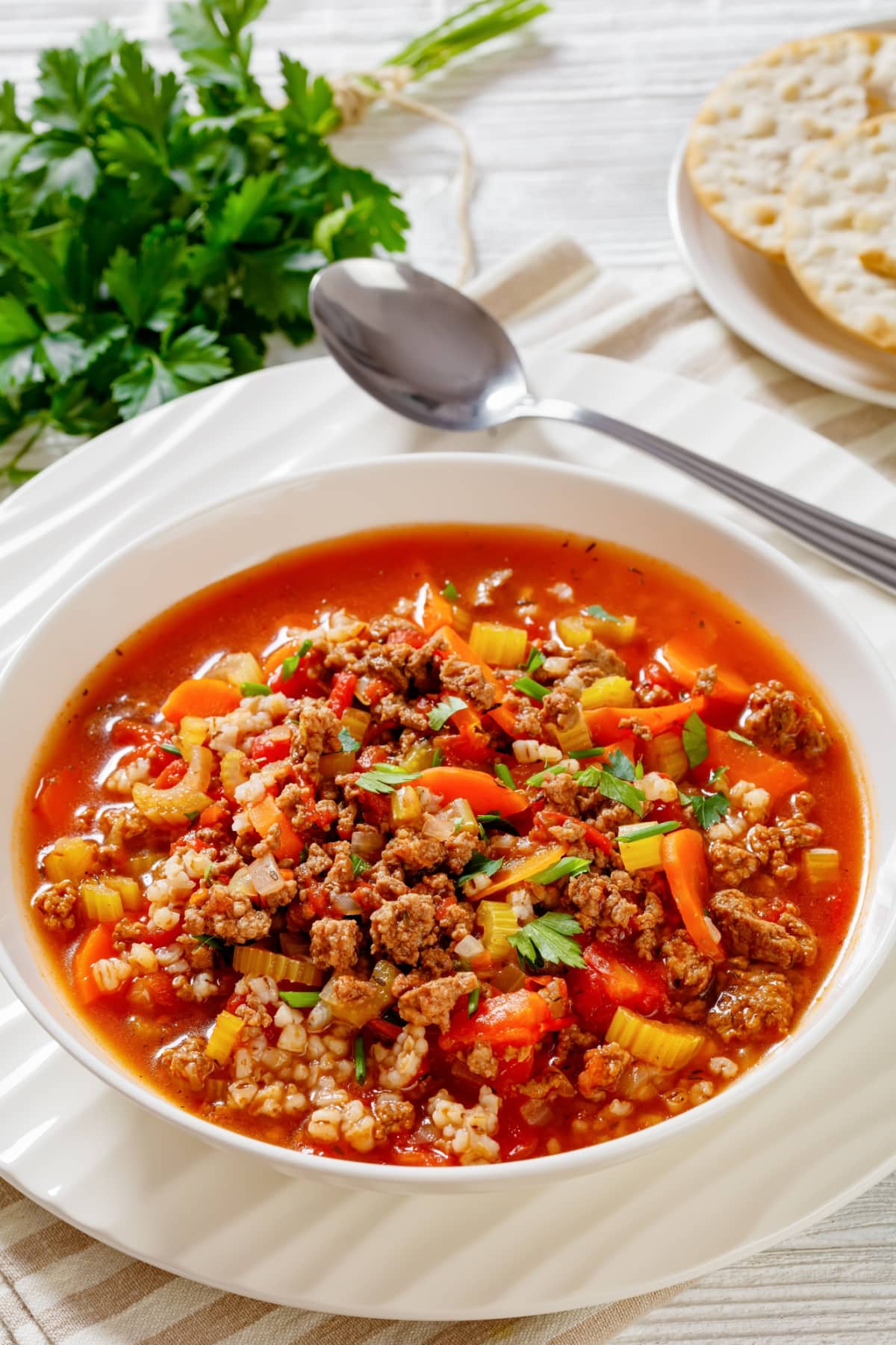 Easy Hamburger Soup Recipe: Meaty hamburger soup served in a white bowl. 