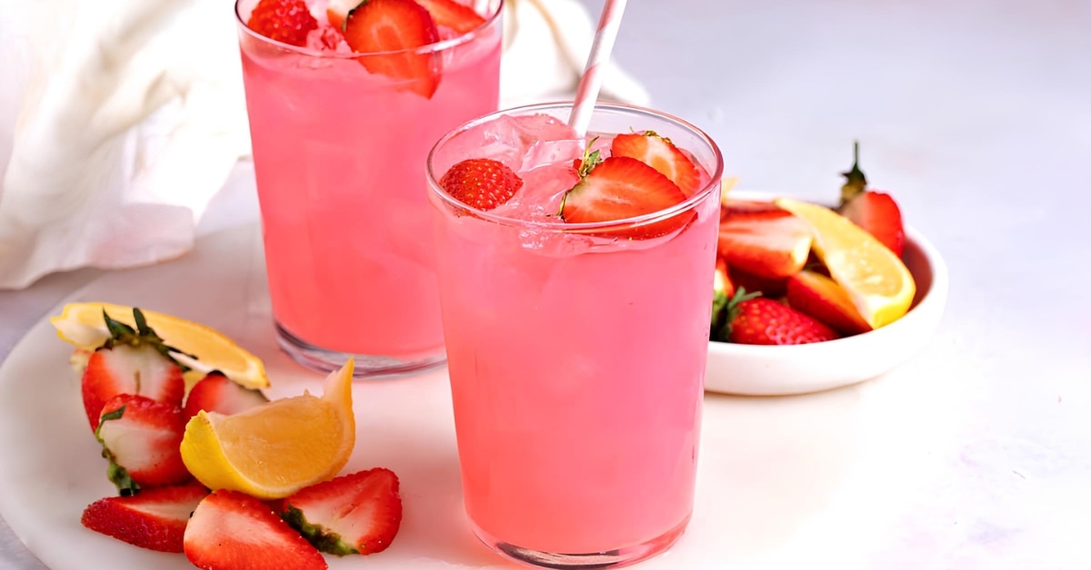 Hippie juice in glasses with straw garnished with sliced strawberries and lemon.