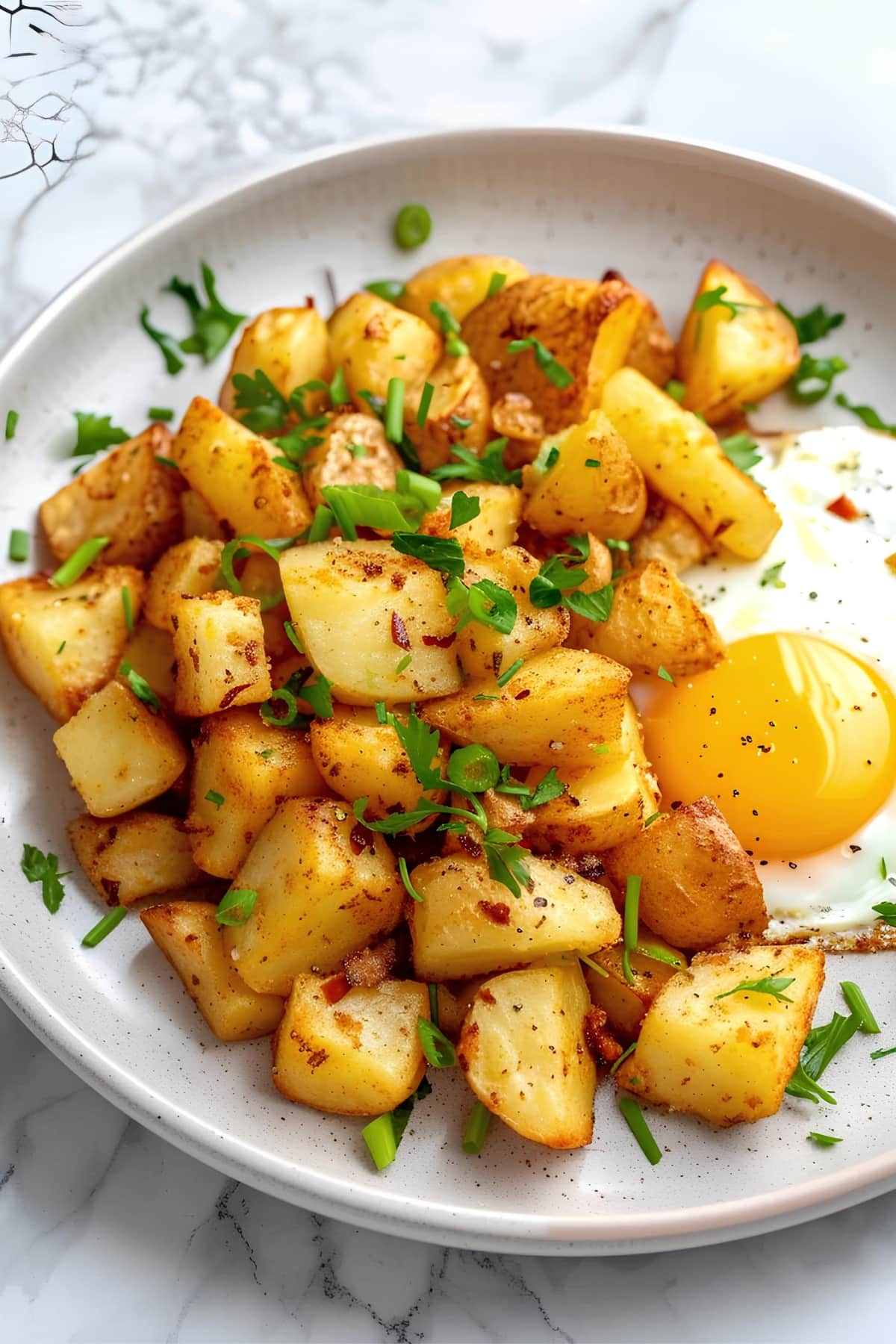 Fried potato chunks with egg on a white plate