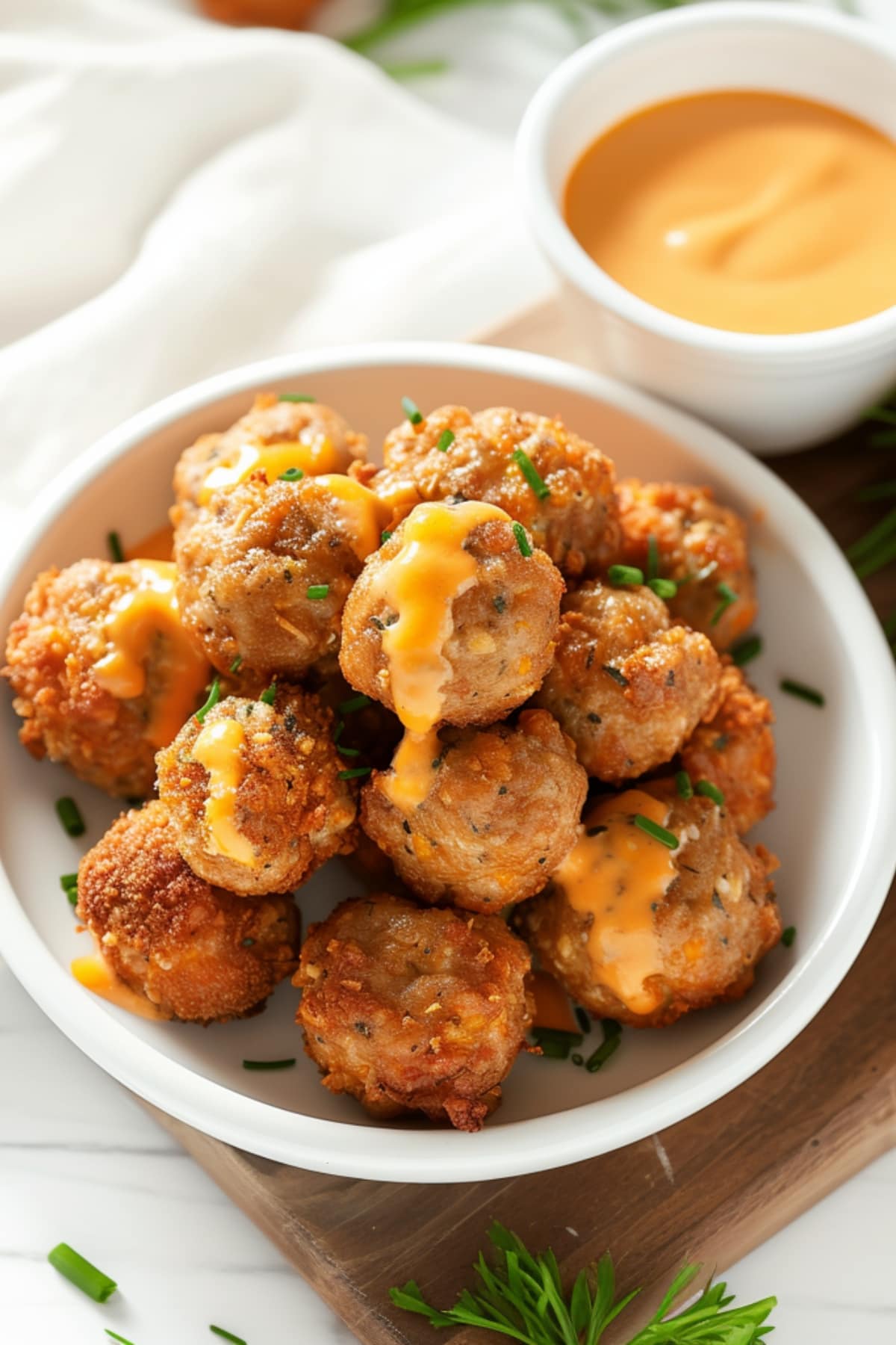 Homemade cheddar bay sausage balls in a white bowl 