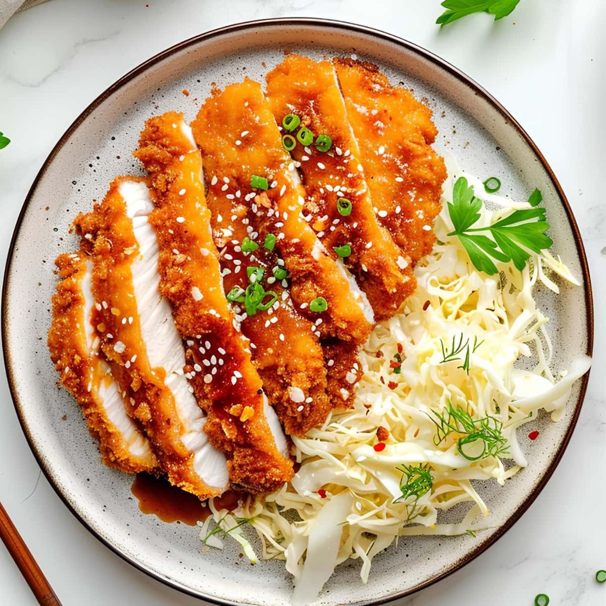 Crispy chicken katsu with cabbage salad on a plate, overhead view