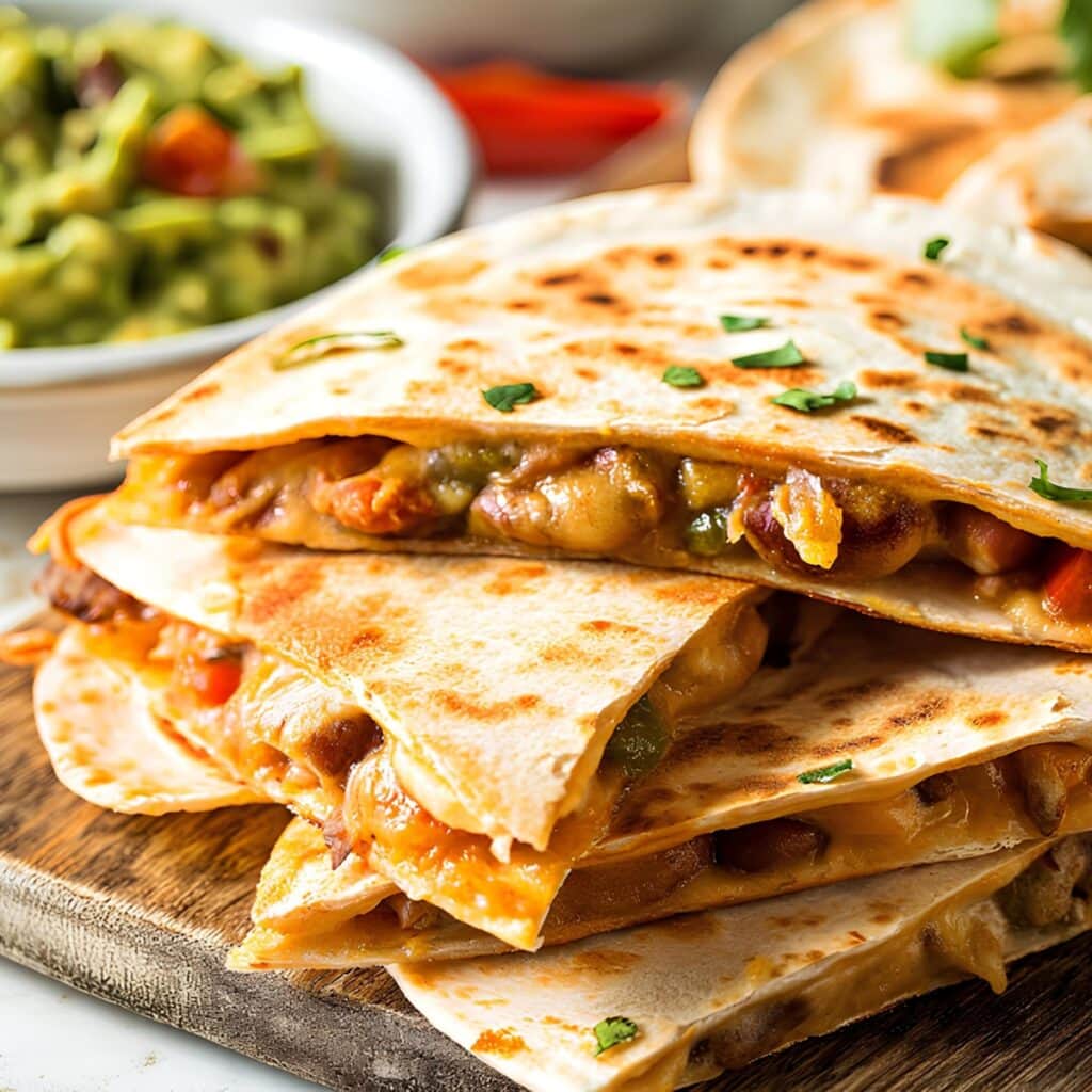 Quesadillas filled with refried beans, corn and vegetables