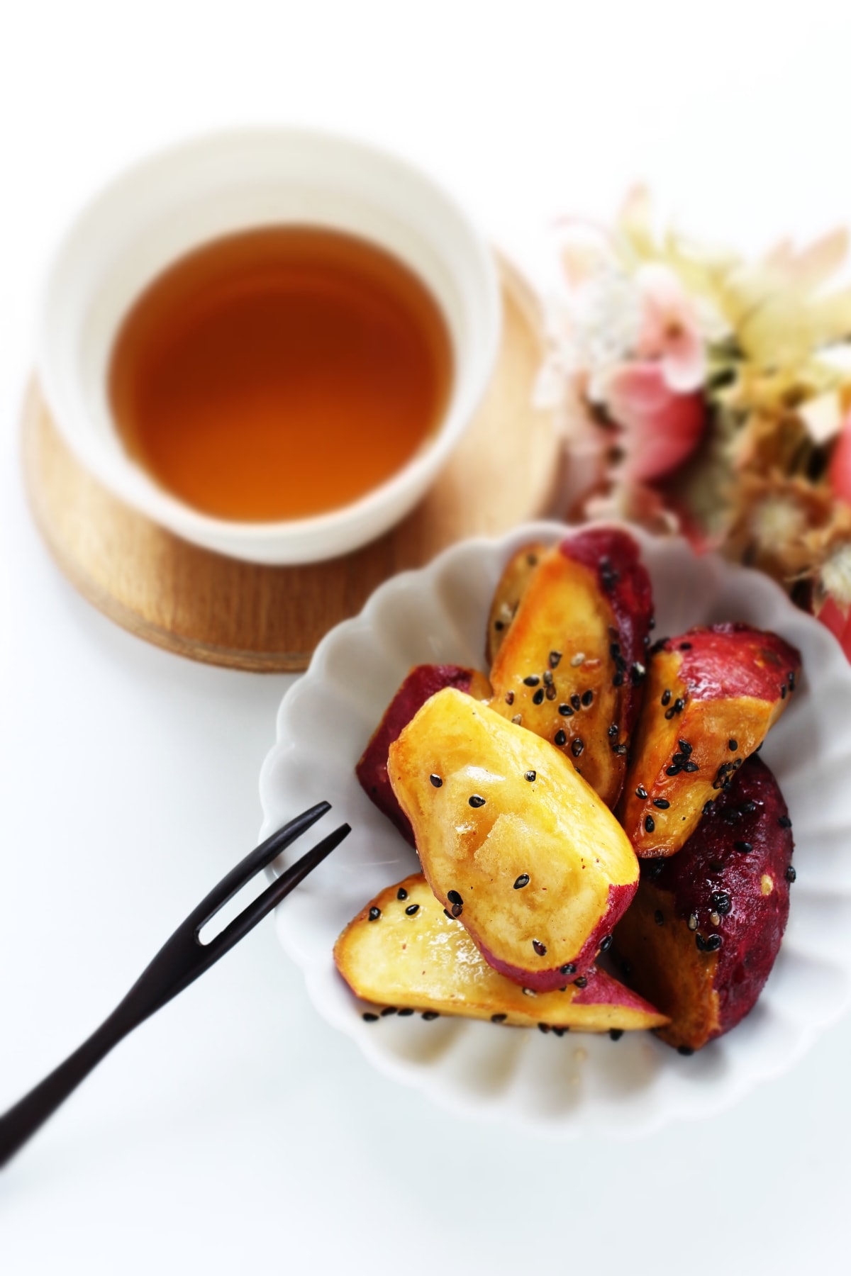 13 Best Japanese Sweet Potato Recipes featuring Homemade Japanese sweet potato with sesame seeds served with roasted barley tea
