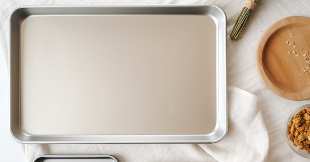 Empty jelly roll pan on a white table cloth.