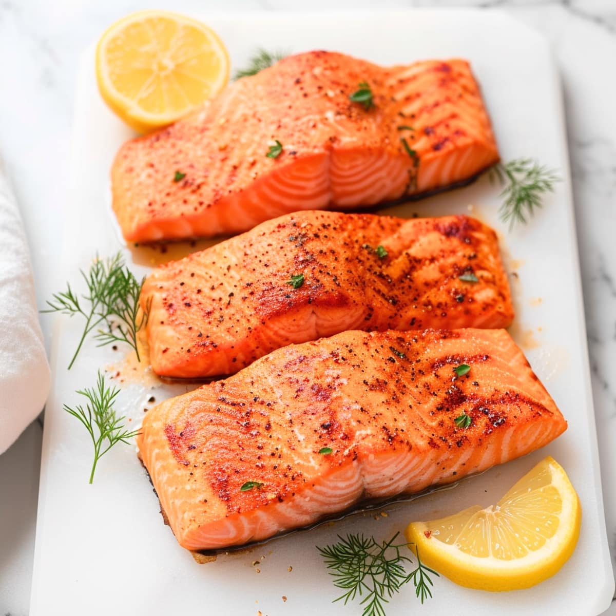 Marinated salmon fillet with lemon slices