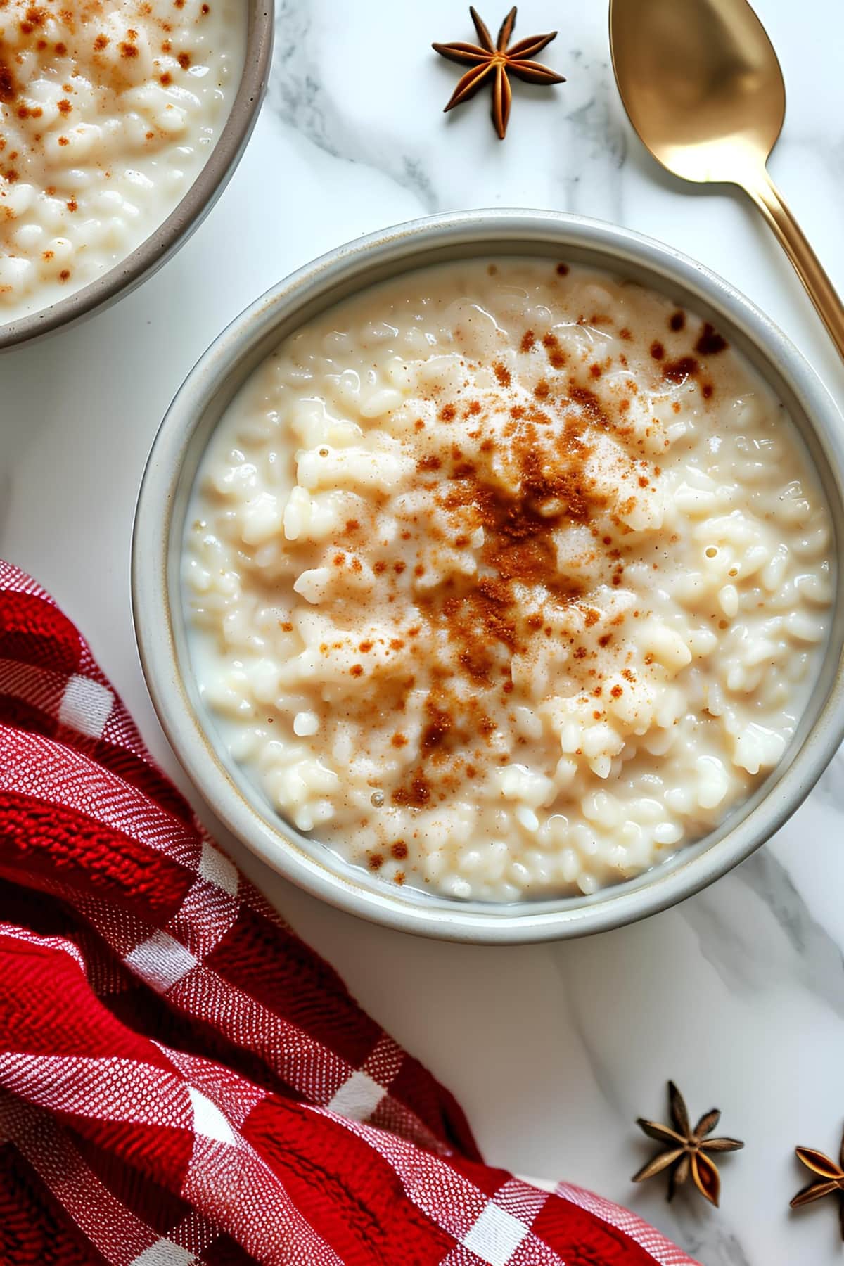 A bowl of homemade mexican rice pudding with a sprinkle of cinnamon