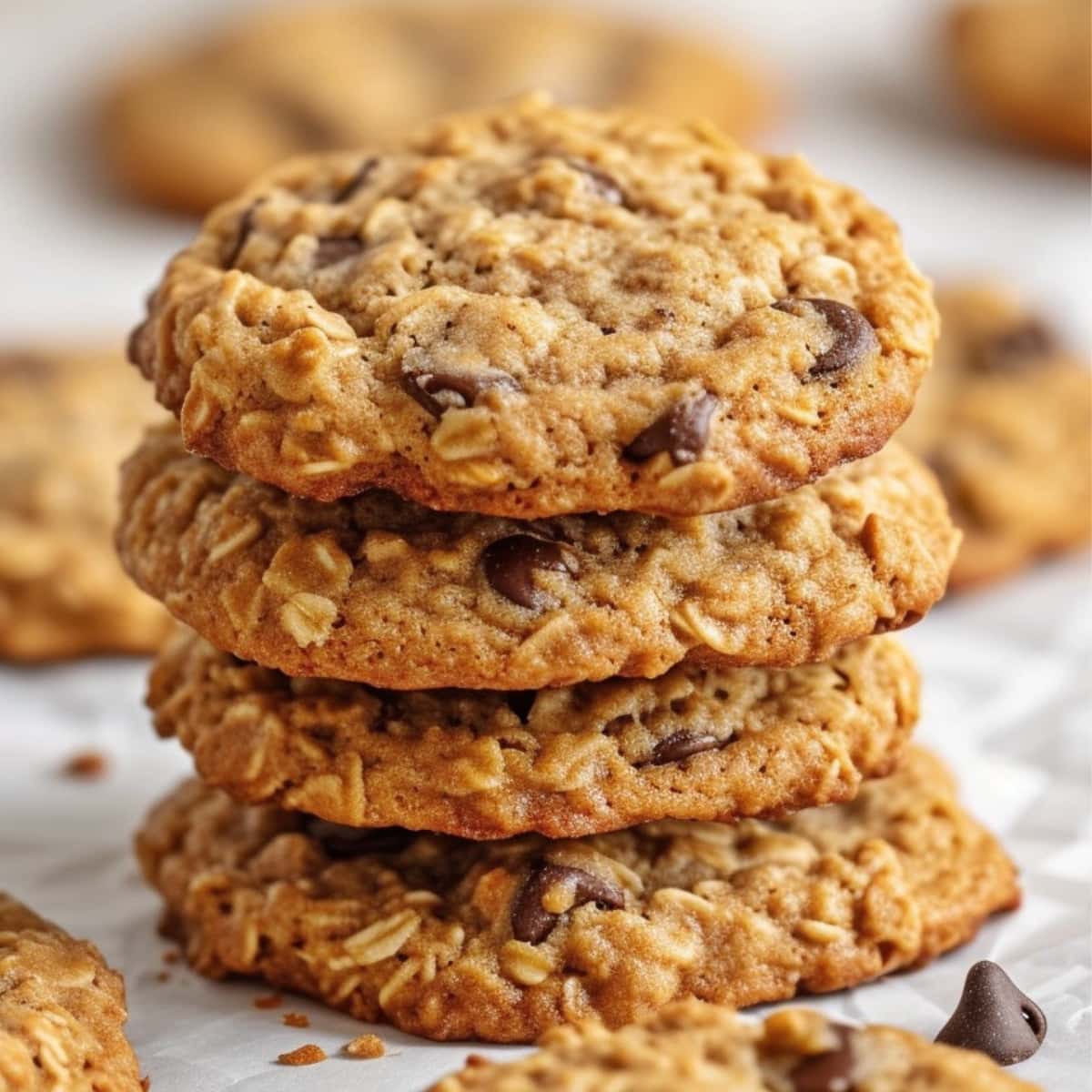 A stack of homemade oatmeal chocolate chip cookies on a white parchment paper
