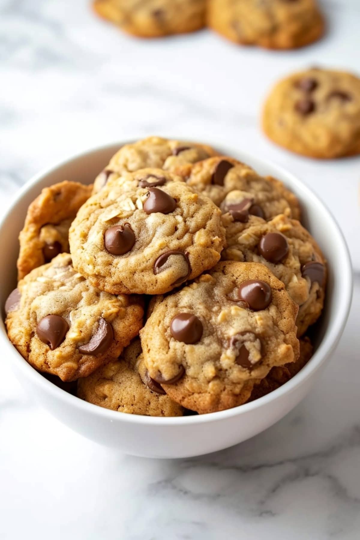 Sweet and chewy oatmeal chocolate chip cookies in a white bowl on a marble table