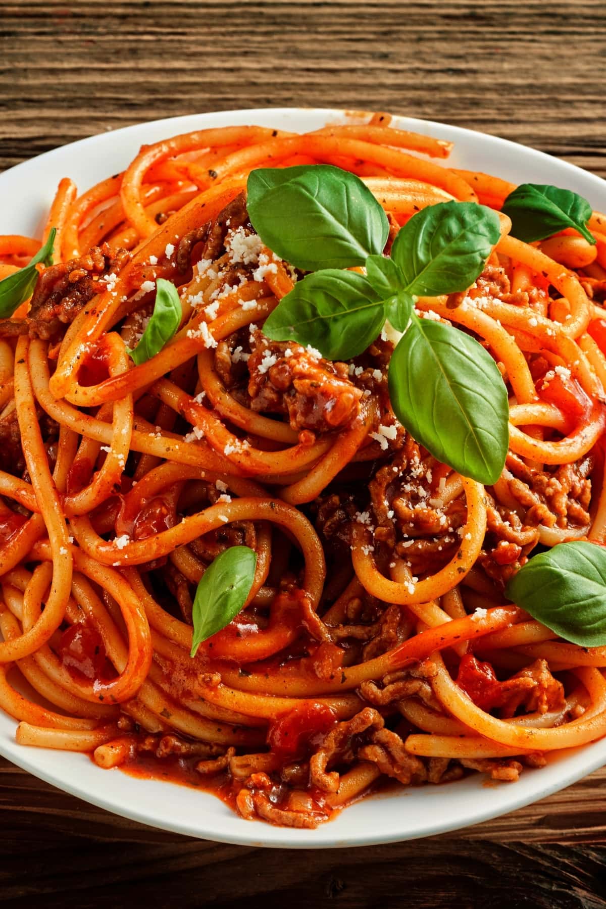 Beefy spaghetti serving on a plate garnished with fresh basil leaves. 