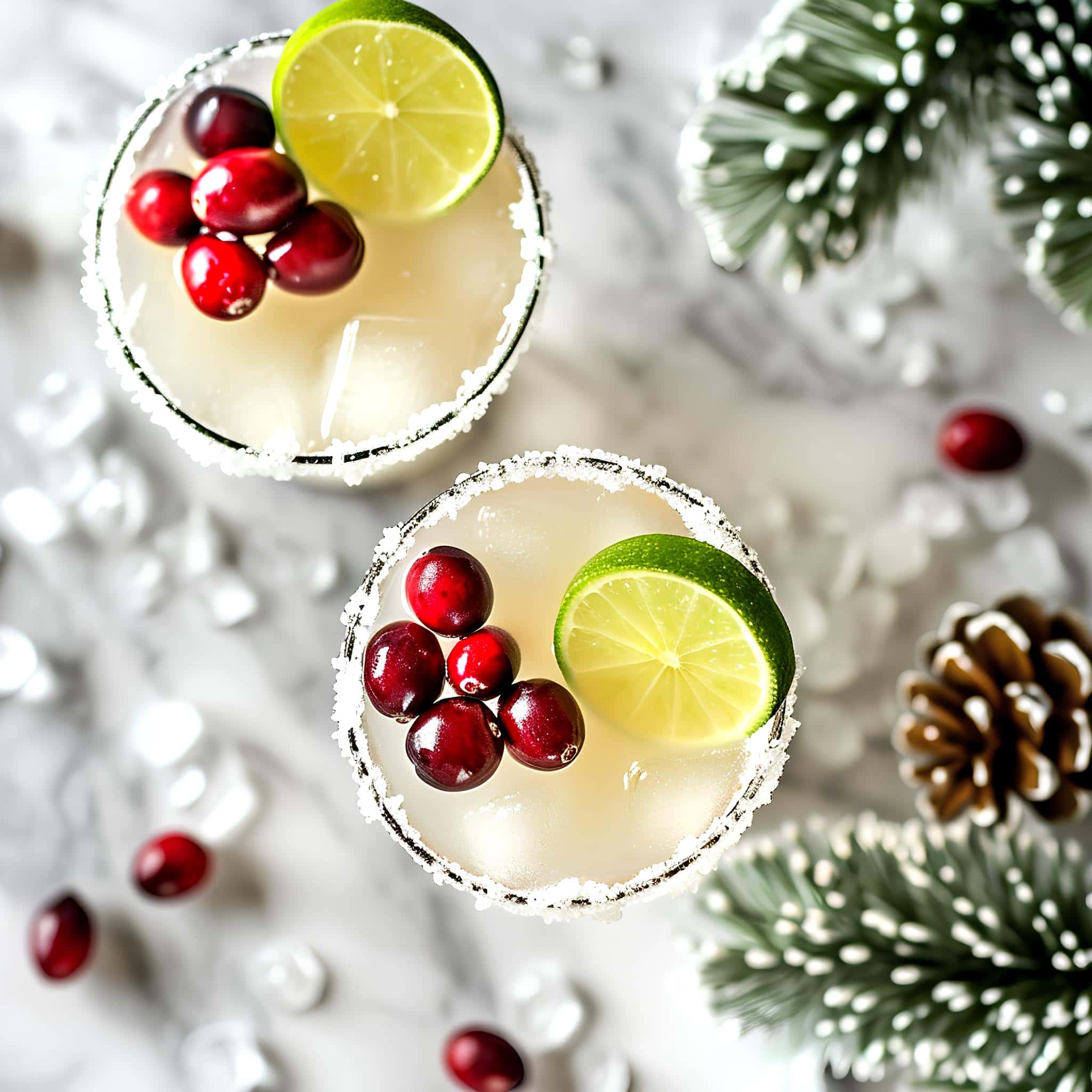 White Christmas maragarita with cranberries and lime wedges, over-head view
