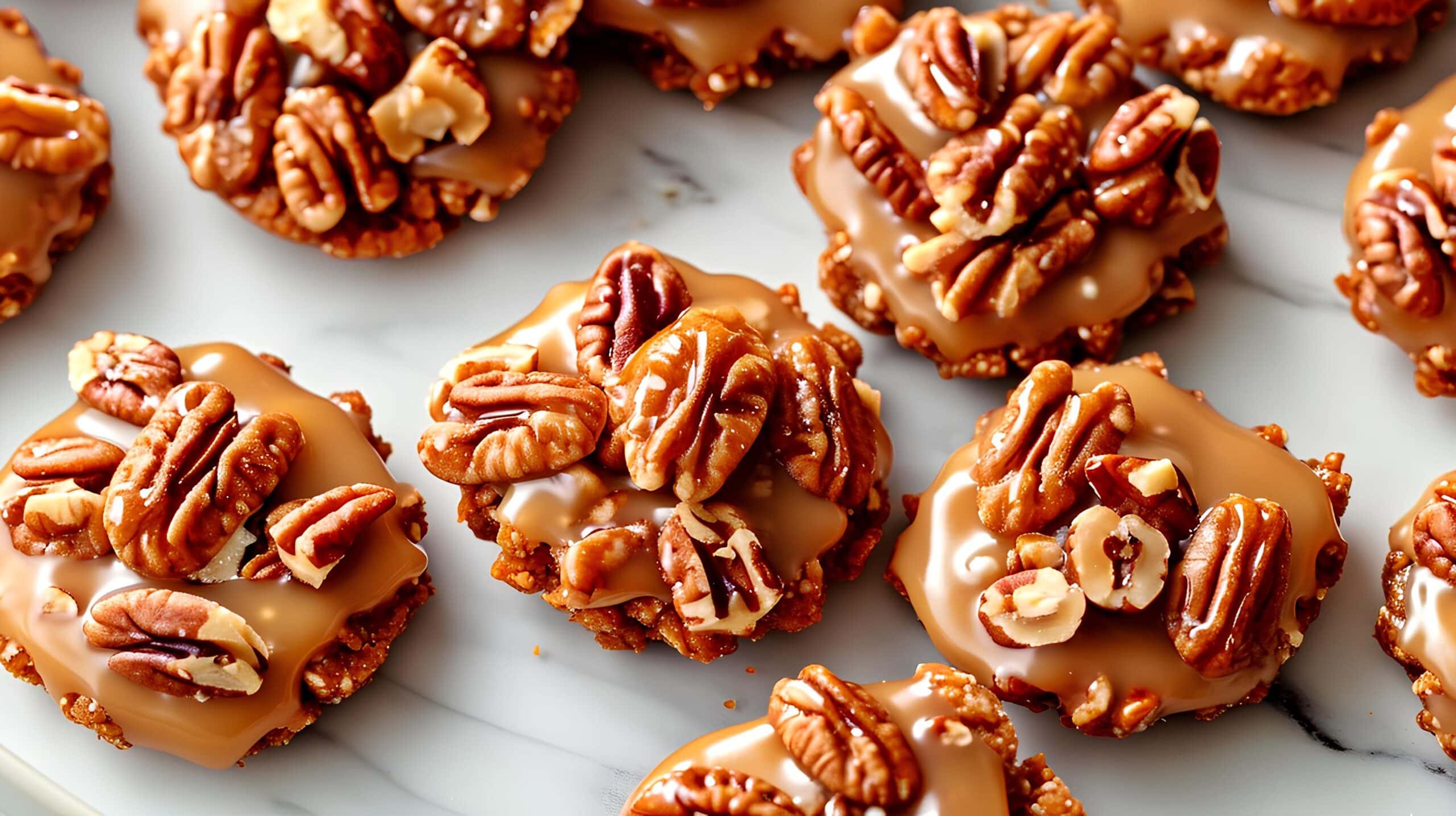 Sweet pecan pralines on a white marble table, top view