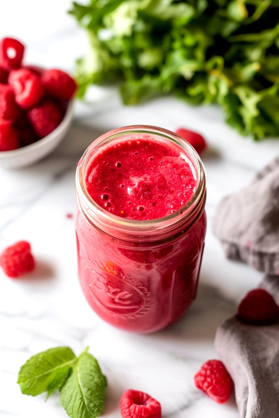 Raspberry Vinaigrette with a bowl of fresh raspberries in the background