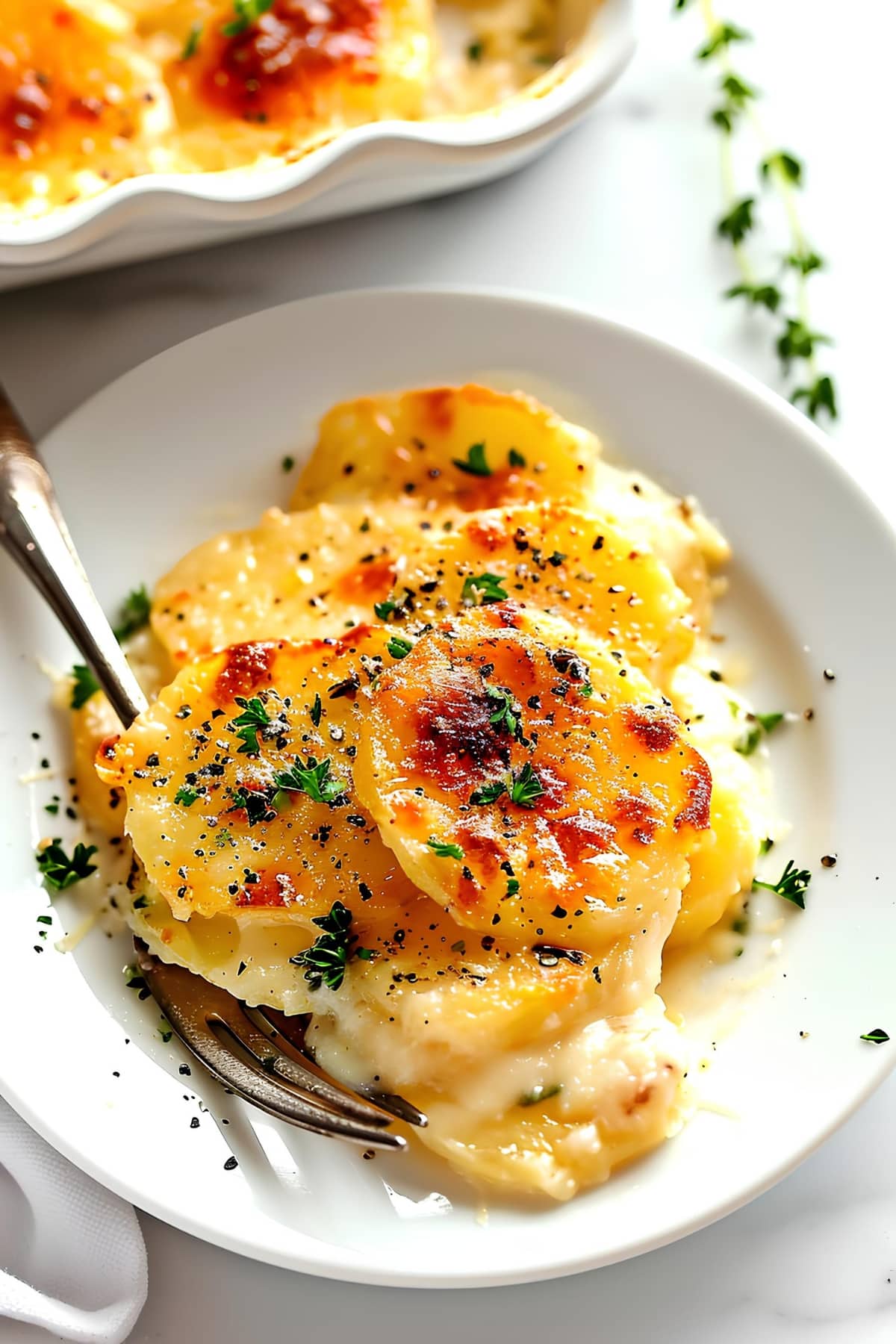 Scalloped potatoes with herbs in a plate with fork