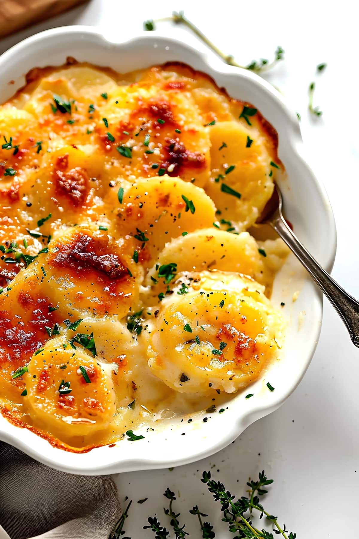 Creamy scalloped potatoes with herbs in a white plate