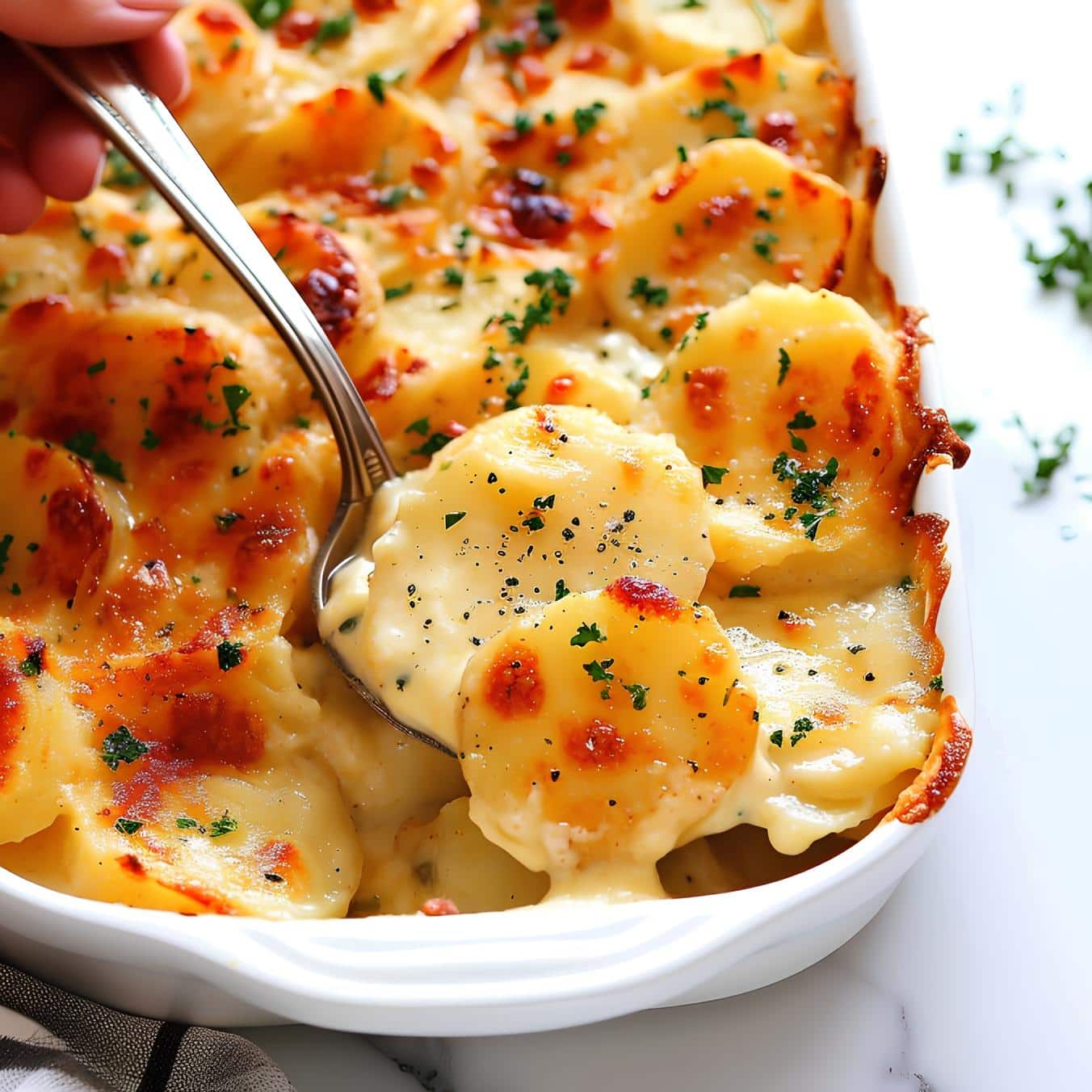 Scalloped potatoes with herbs in a white casserole