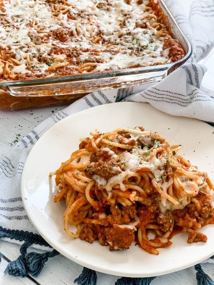 Homemade skinny spaghetti casserole with ground beef and cheese