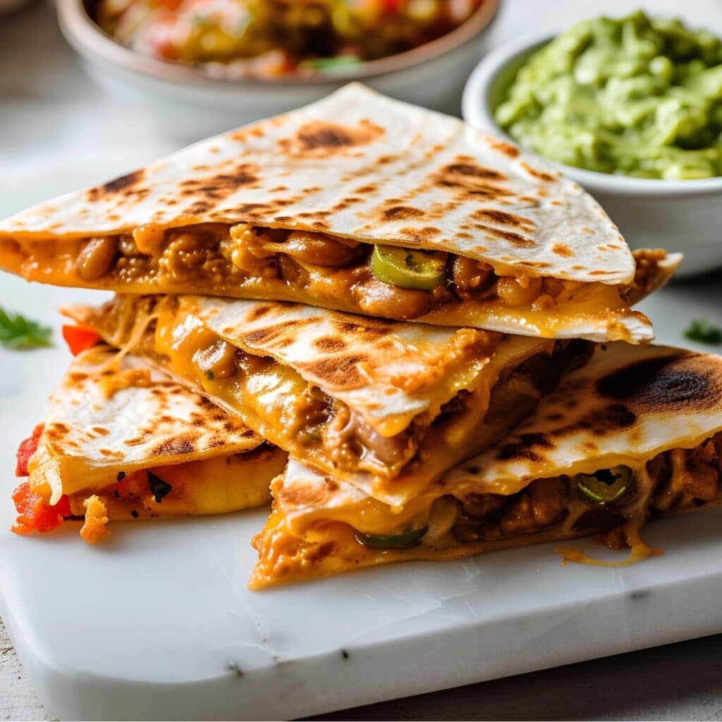 A stack of homemade crispy quesadillas on filled with meat and guacamole