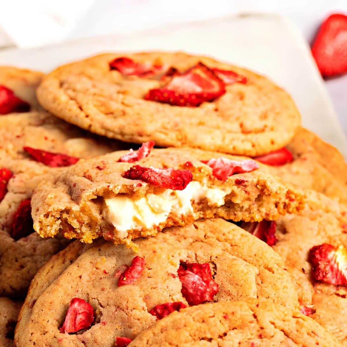 Bunch of strawberry cookies with cream filling. 