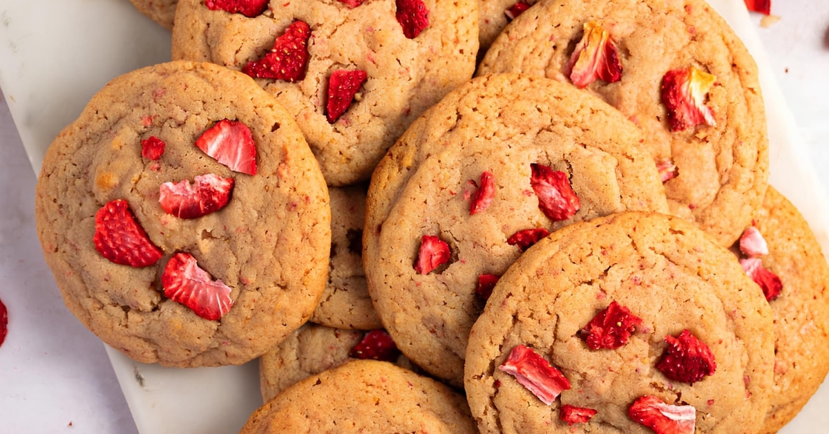 Strawberry thin cookies with creamy filling.