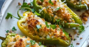 Stuffed Banana Peppers on a Plate with breadcrumbs and cheese