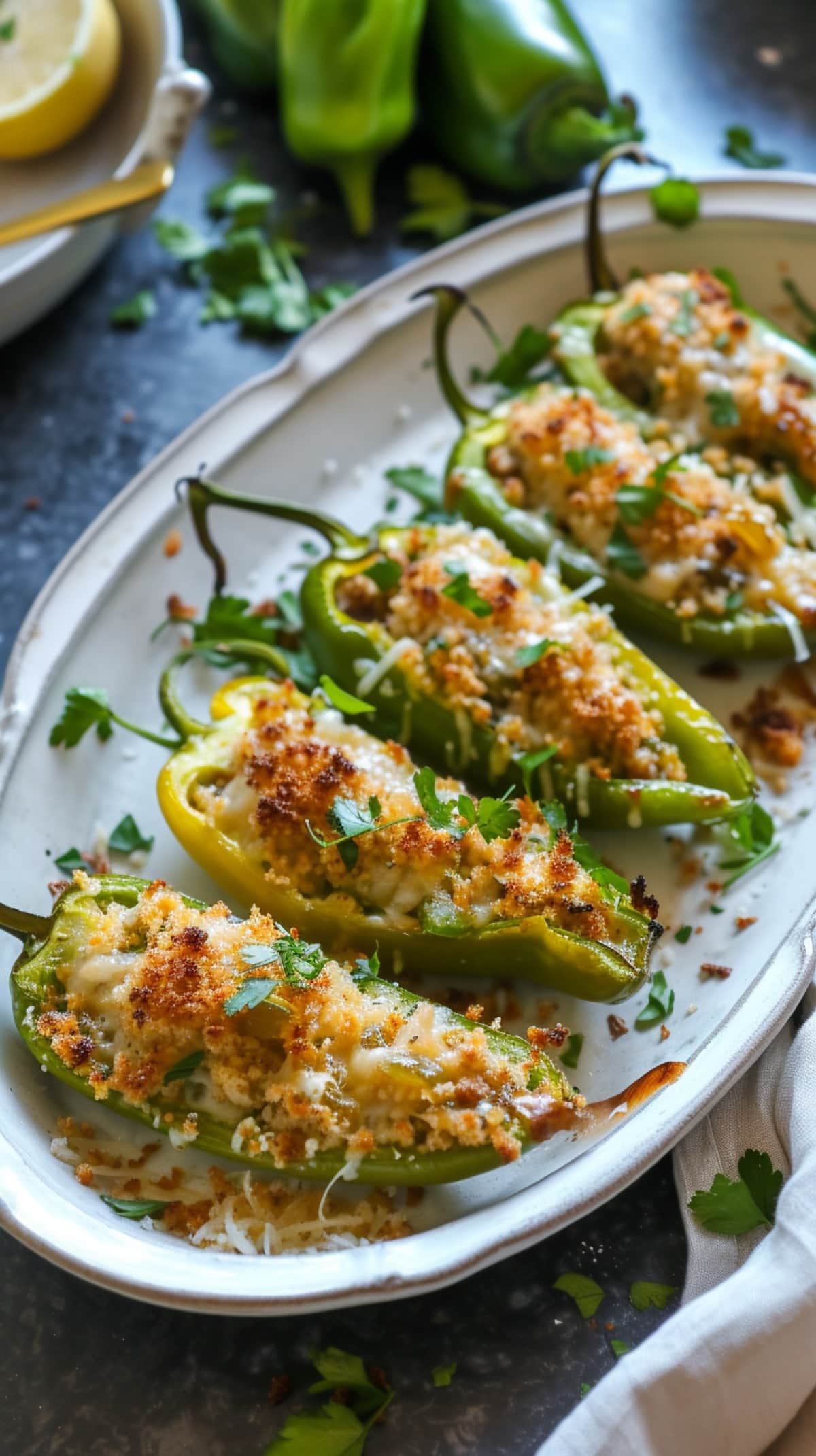 Stuffed Banana Peppers on a Plate with breadcrumbs and cheese