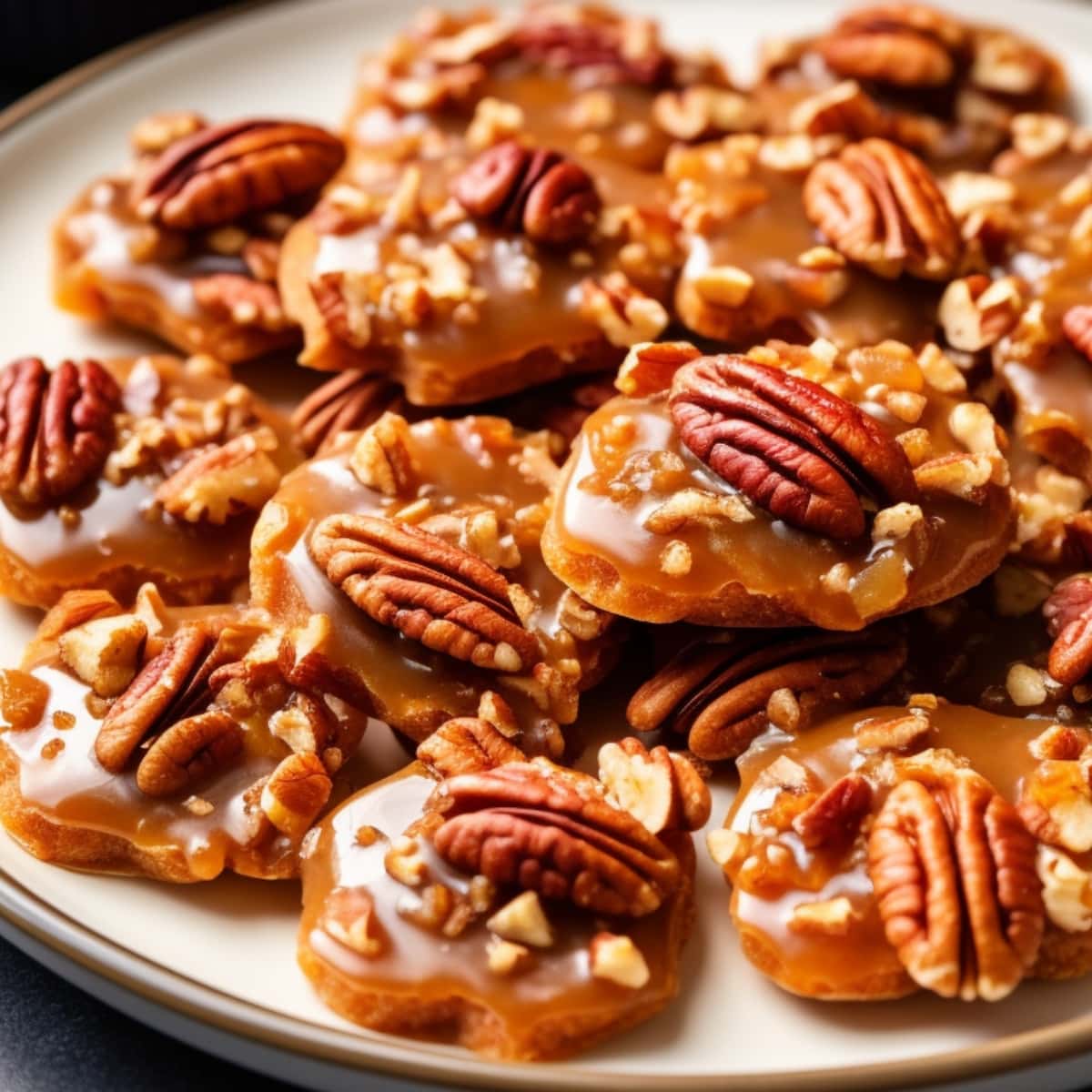 A plate of pecan pralines with caramel sauce, a delightful treat for any occasion