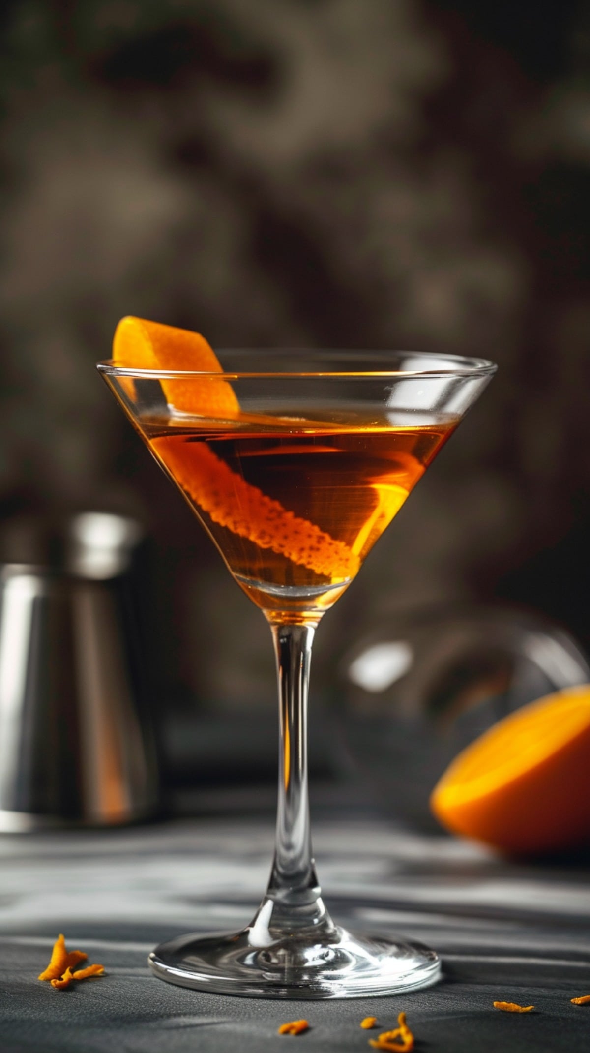 Toronto cocktail in a martini glass with an orange twist