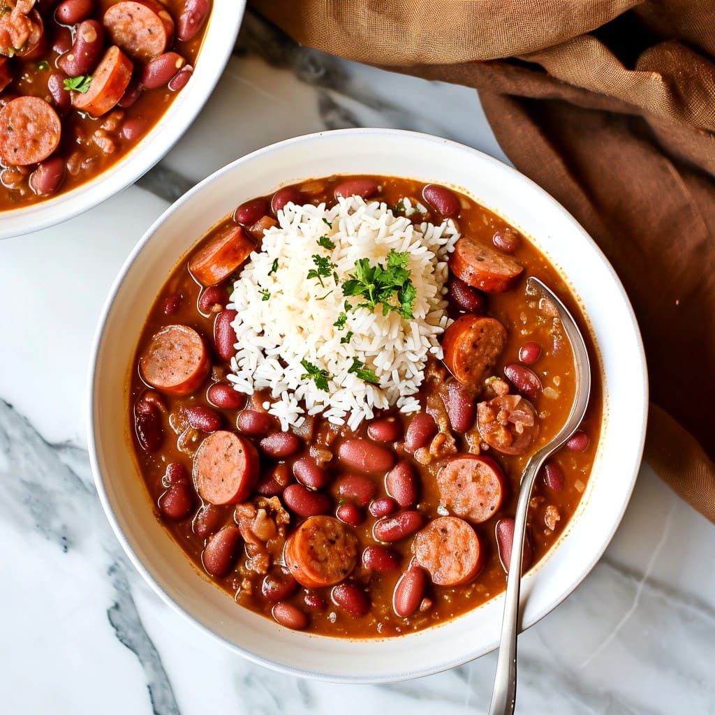 A bowl of red beans and rice with andouille sausage on a white marble table