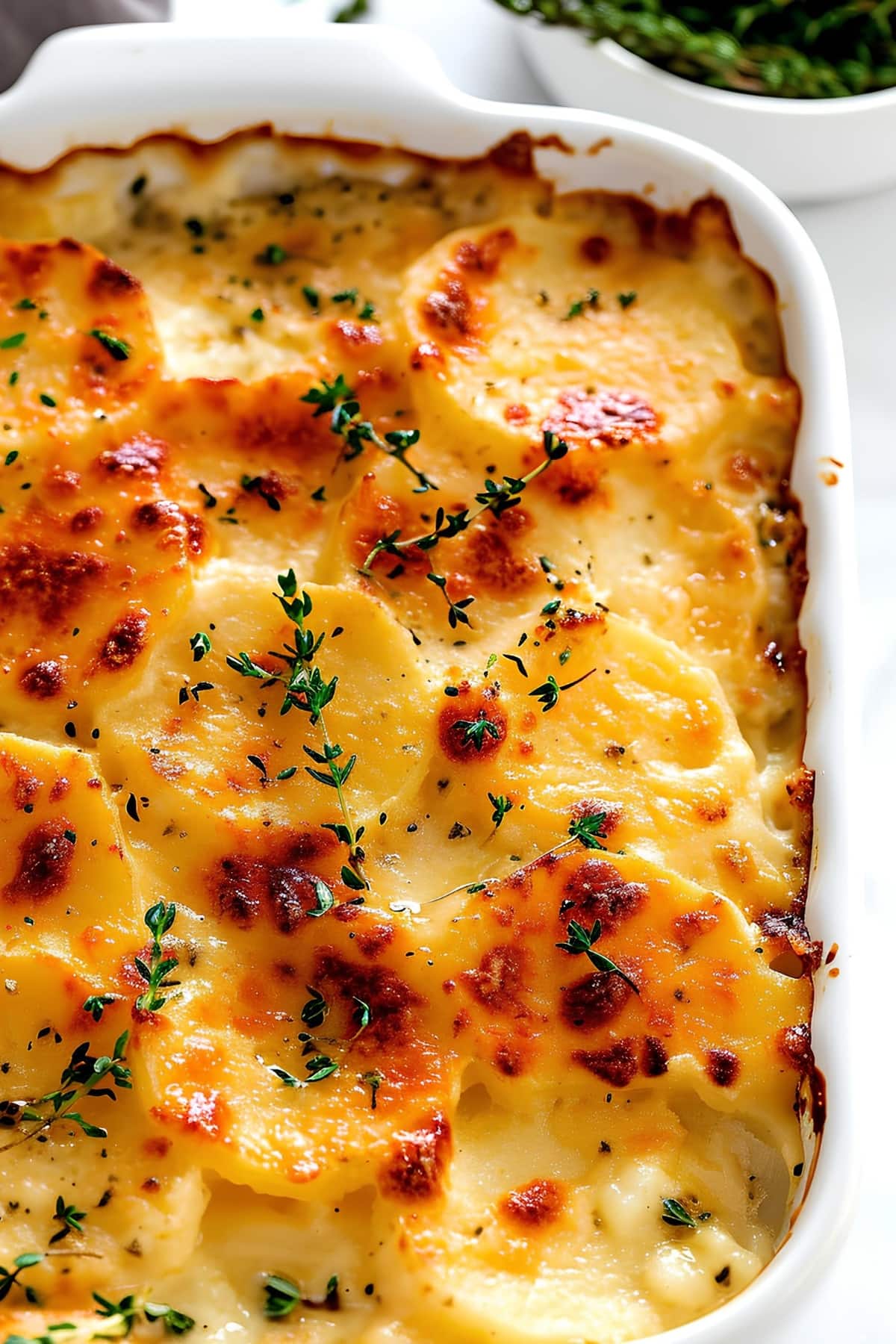 Creamy and buttery scalloped potatoes in a white casserole