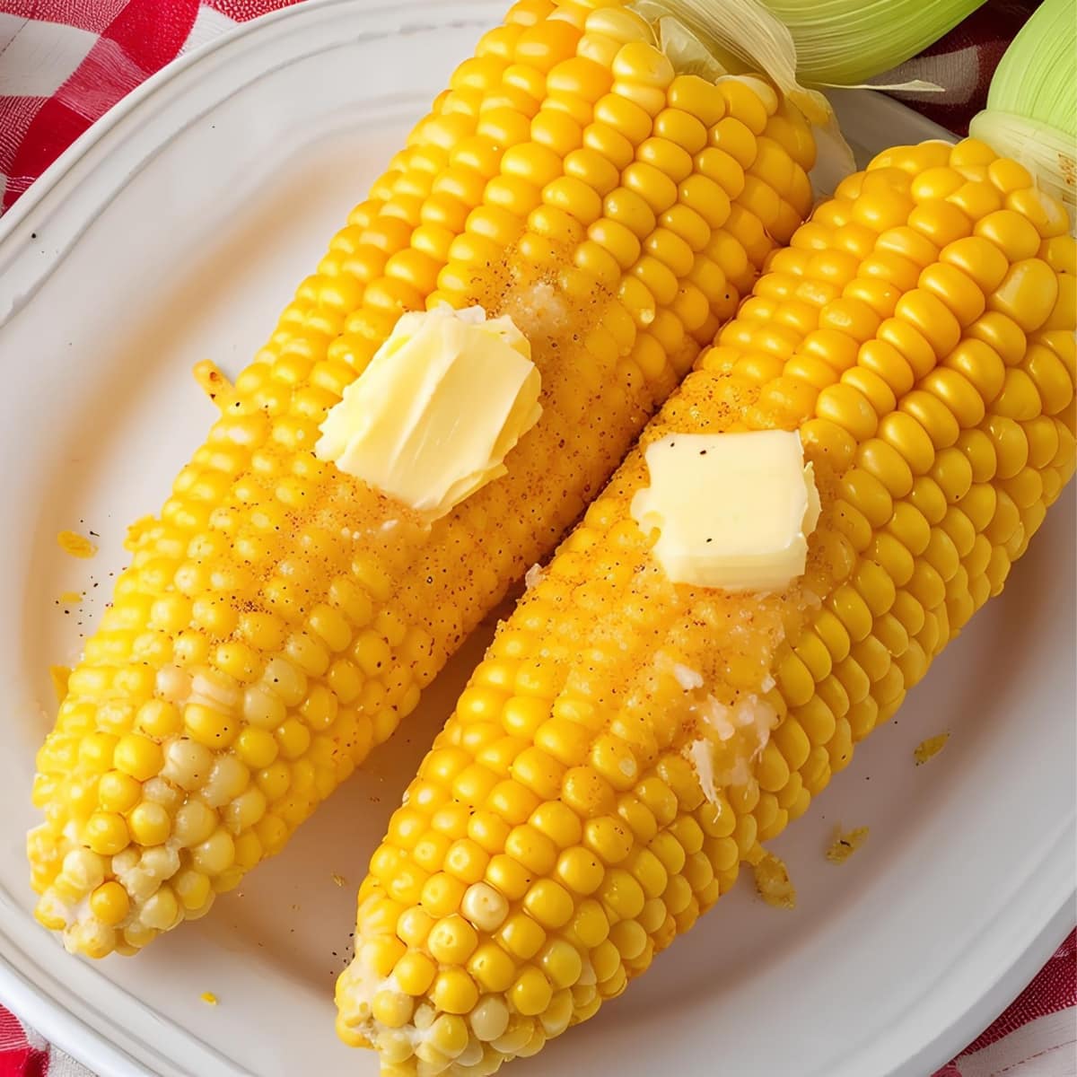 Two ears of Corn in the Cob in a White Plate with Butter
