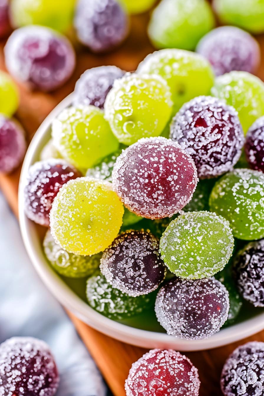 A bowl of candied grapes coated with sugar, creating a sweet and tempting treat