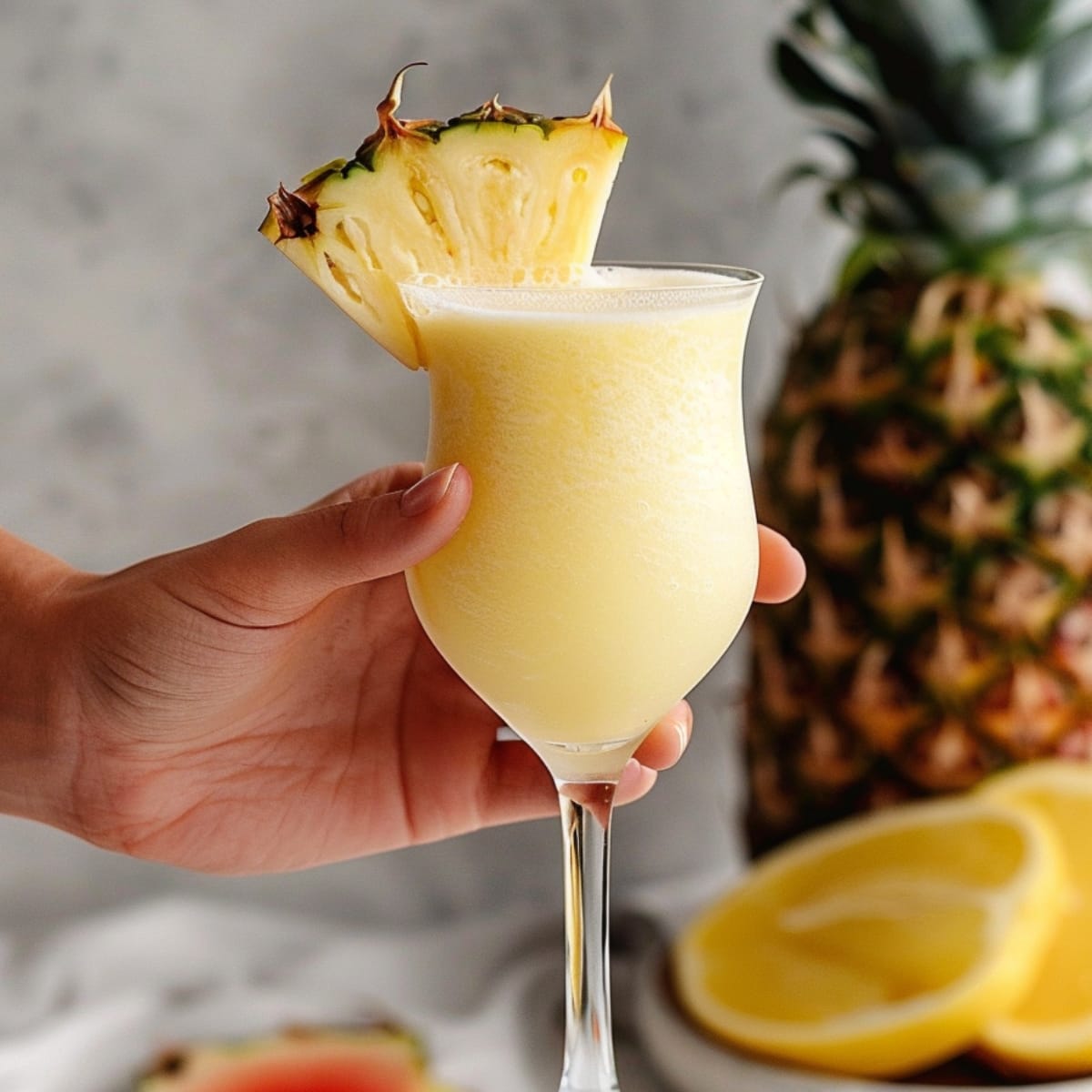 A hand holding a pina colada with pineapple wedge