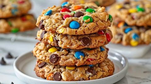 A stack of homemade monster cookies on a white marble table