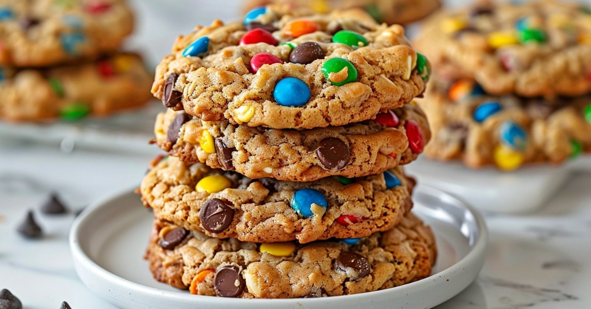 A stack of homemade monster cookies on a white marble table