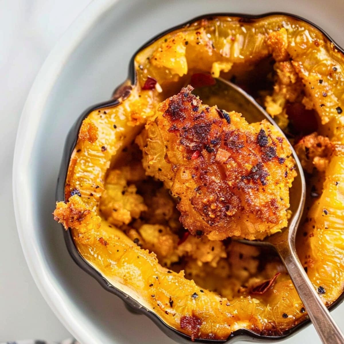 Air fried acorn squash meat scooped with a spoon.