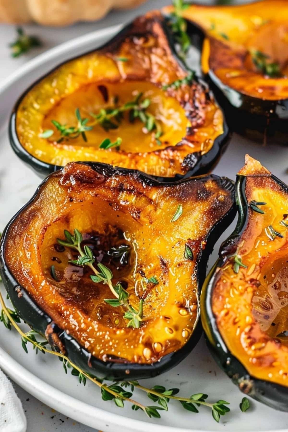 Air fried sliced in half acorn squash served on a white plate with rosemary leaves garnish.