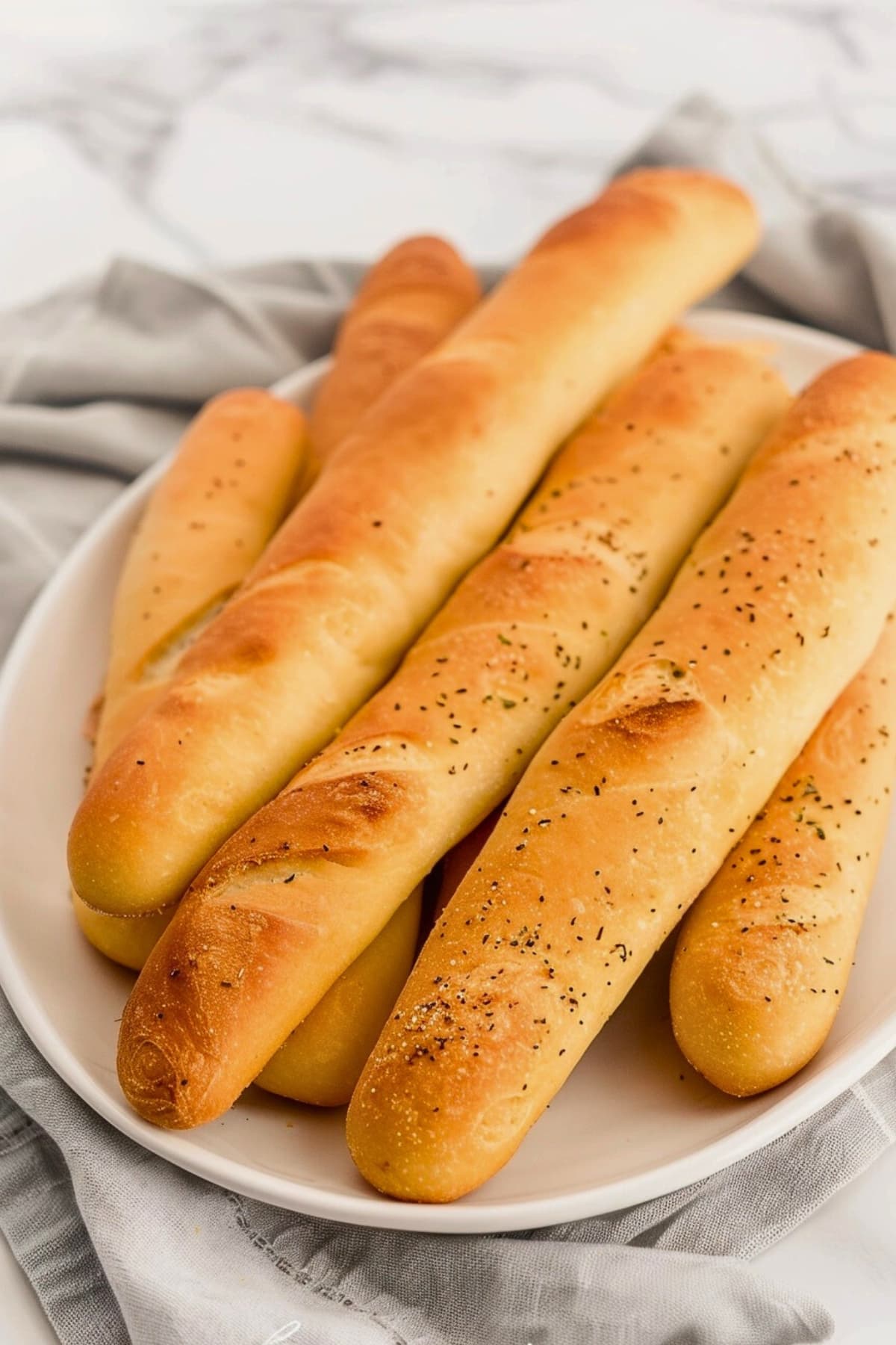 Bunch of breadsticks on a white plate.