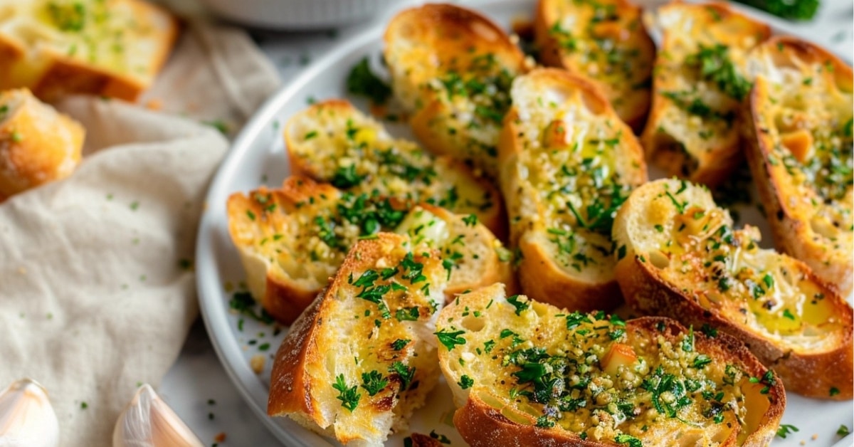 A platter of air fried garlic bread.