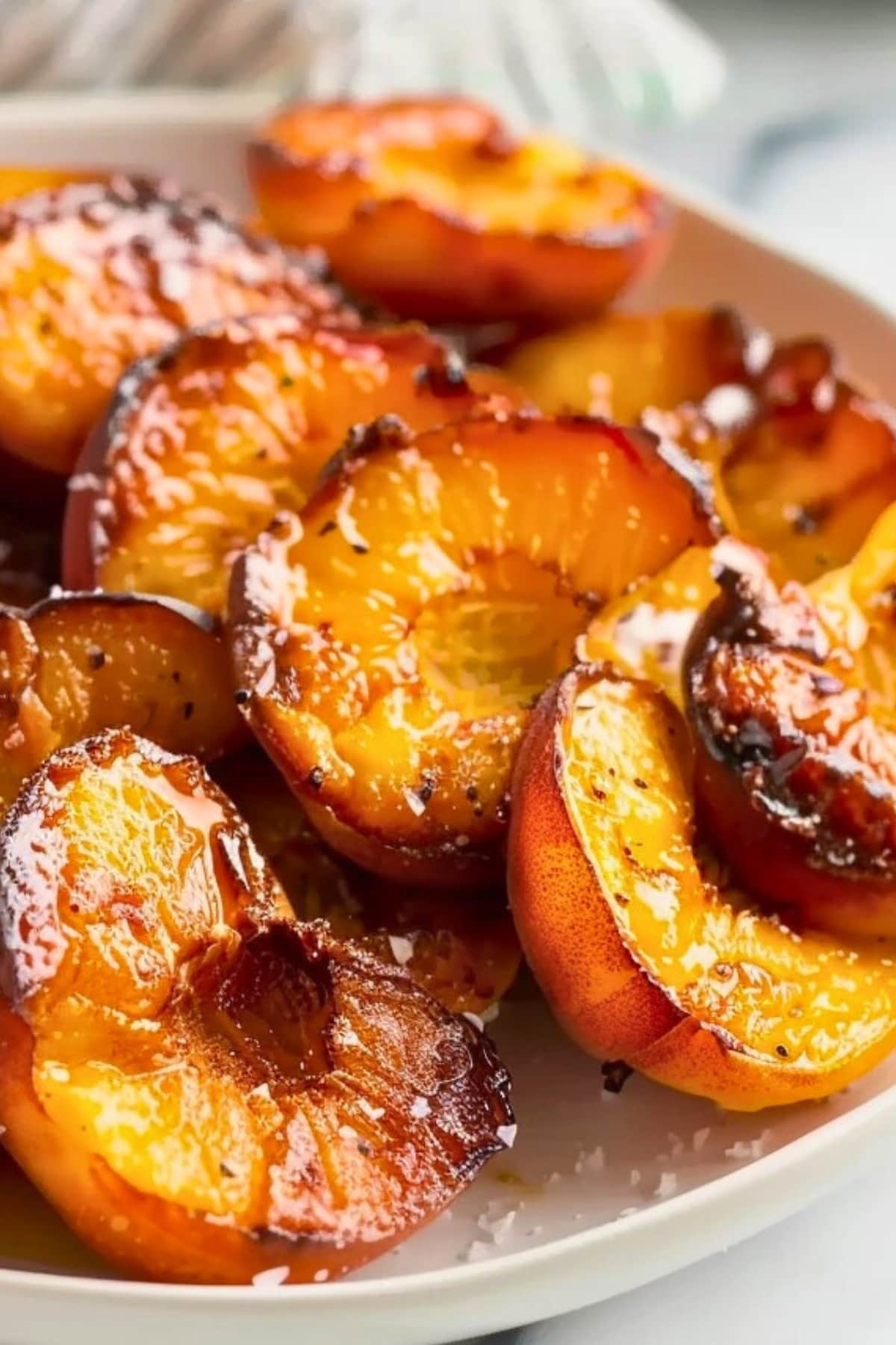 Air fried peaches with caramelized sugar drizzled with honey.