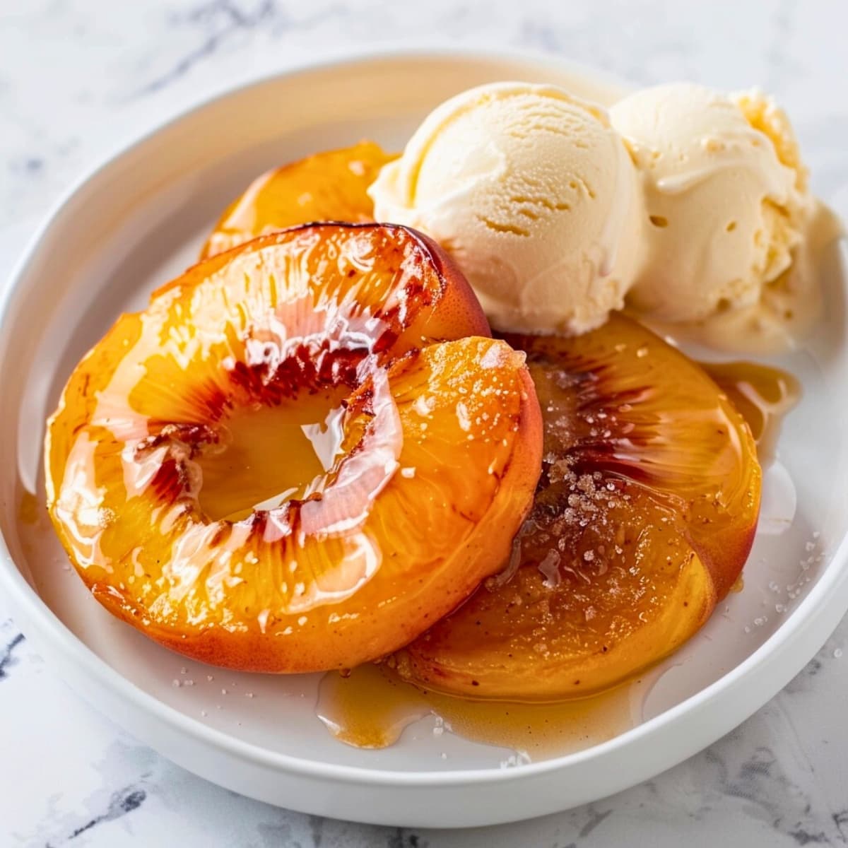 Air fried peaches with honey served with two scoop of vanilla on a white plate.