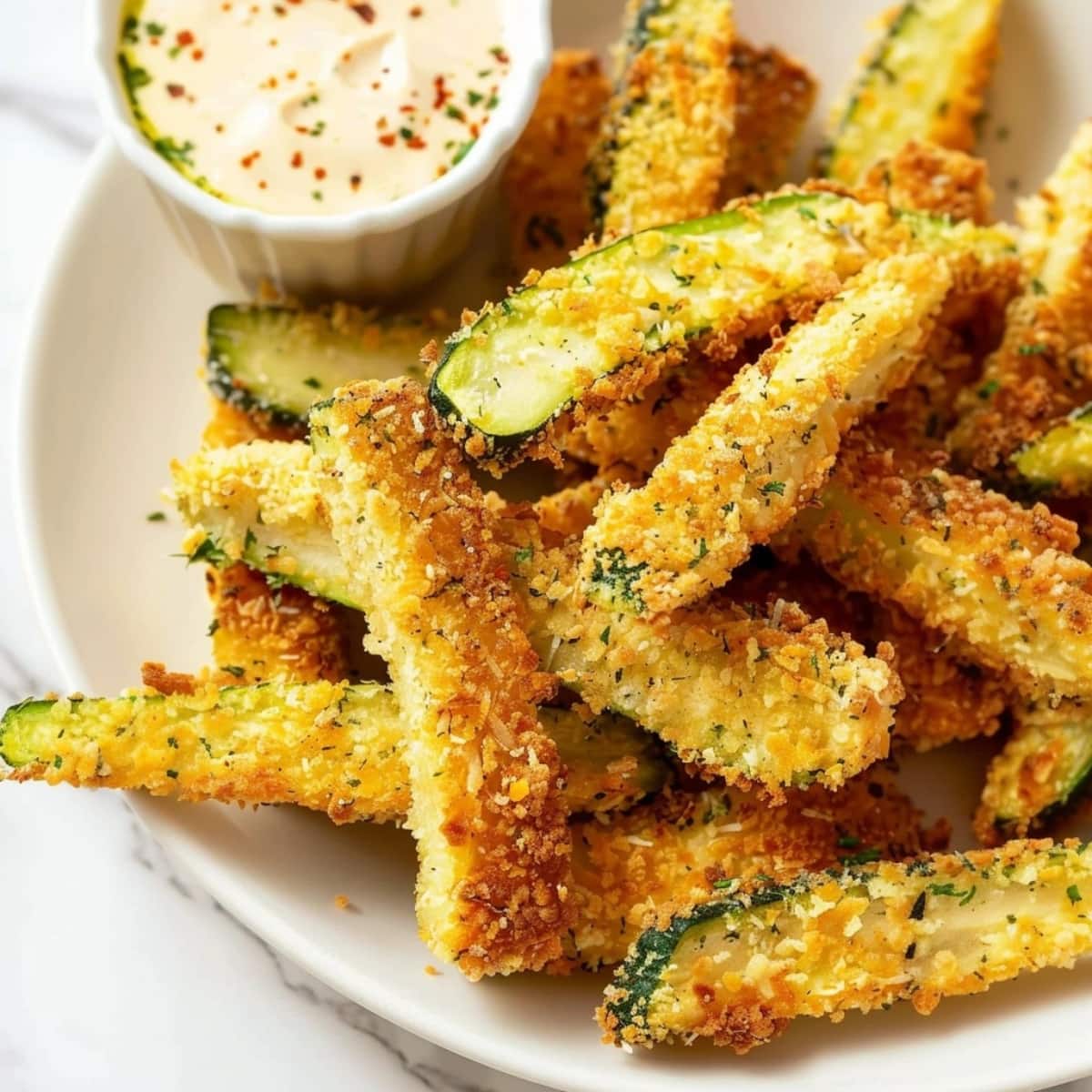 Breaded air fried zucchini fries served in a white plate with dip.