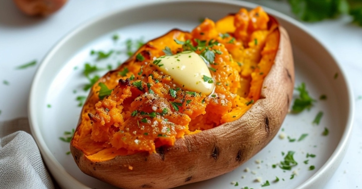 Air fryer baked sweet potato with butter
