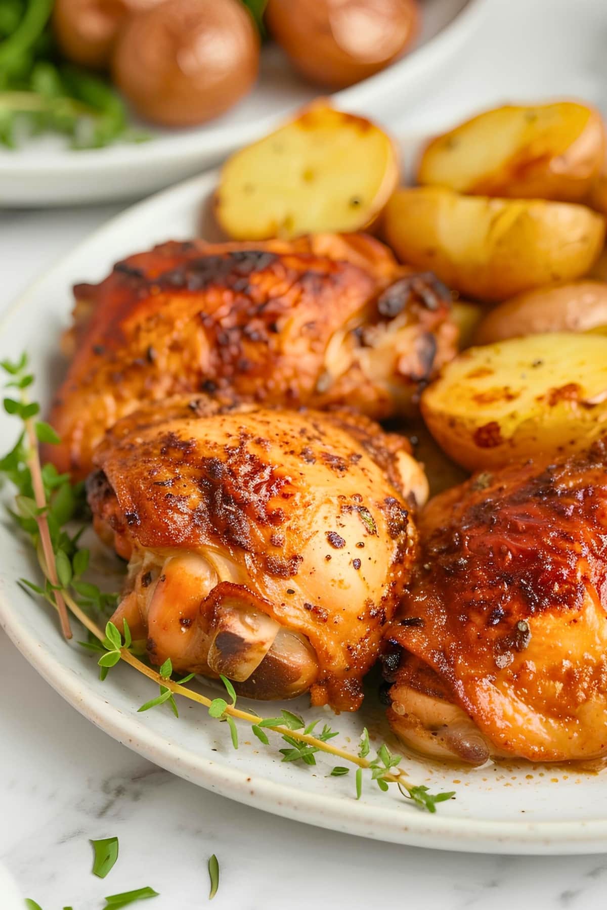 Air fryer chicken thighs on plate with potatoes